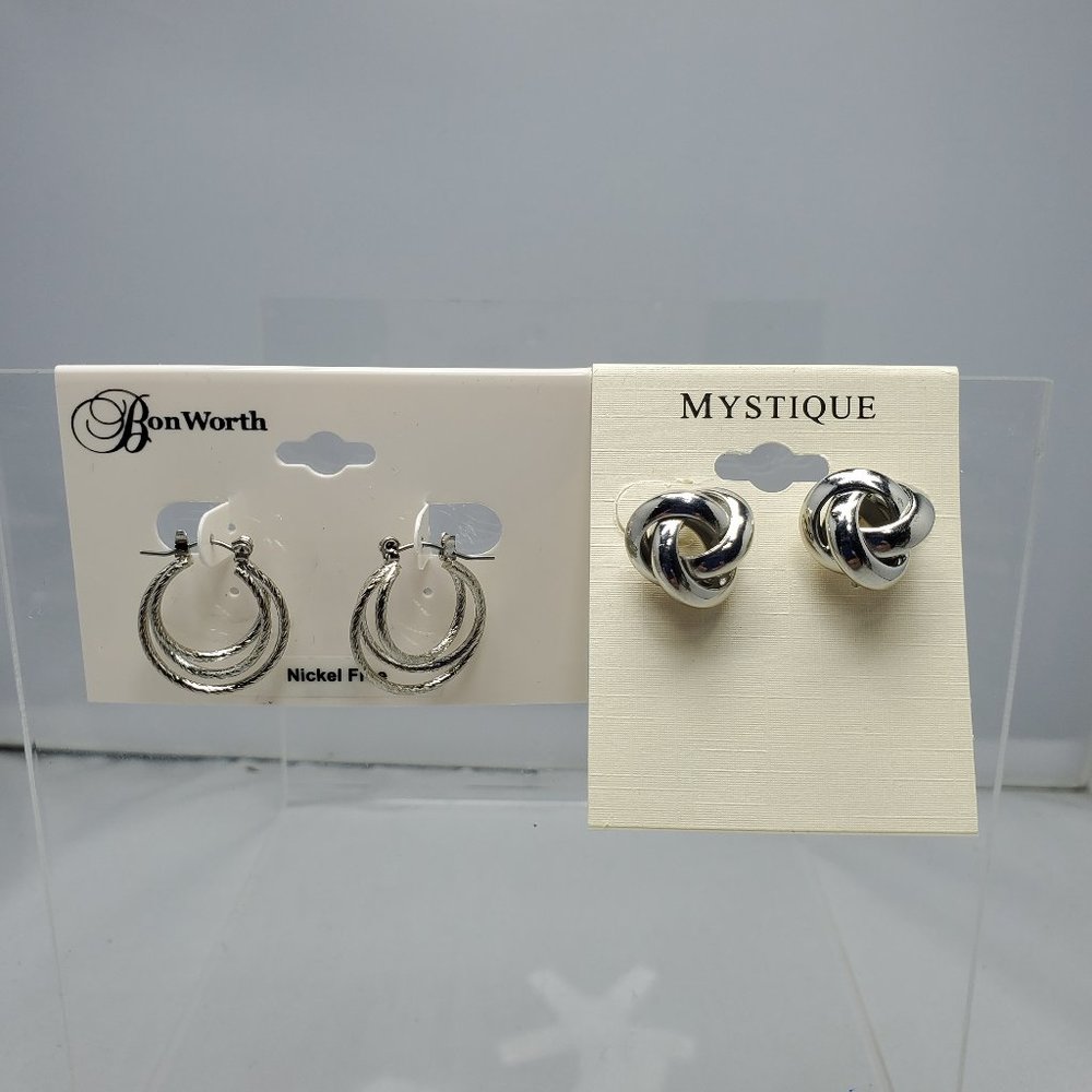 2/$15  2 PAIRS of Bonworth & mystique silver huggee earring & silver knotted ear